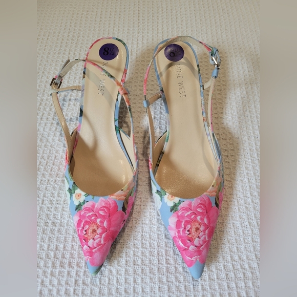 Nine West Floral Slingback Heels - Pink and Blue - Picture 1 of 9